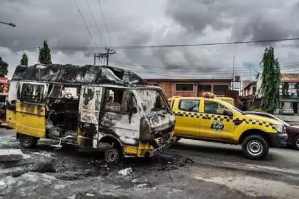 Commercial bus burns down in Lagos [PHOTOS]